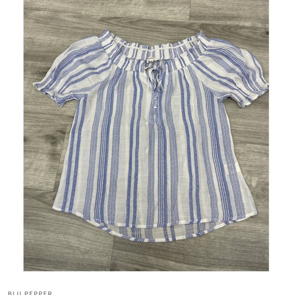 mine Tops - Mine Blue and White Striped Off-Shoulder Blouse